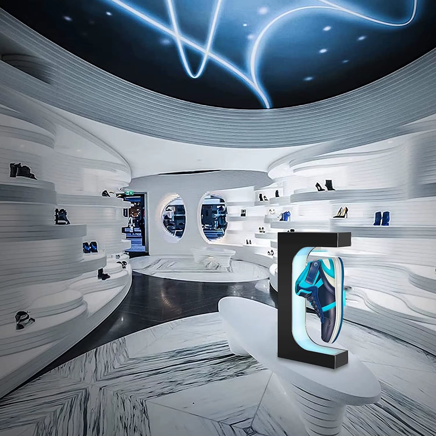 Levitating Shoe Display Floating Sneaker Stand Magnetic Sneaker Shelf with LED Light Rotating Acrylic Holder for Advertising